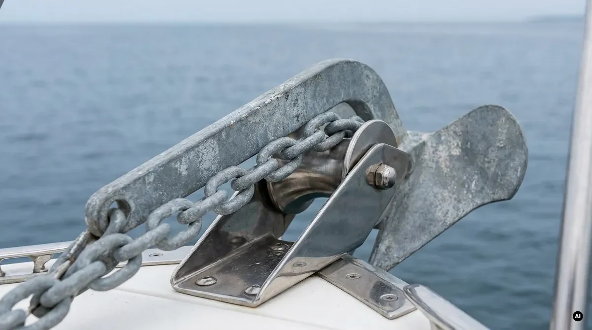 Ancora ad artiglio zincata con catena calibrata pronta a dare fondo dalla prua di una barca
