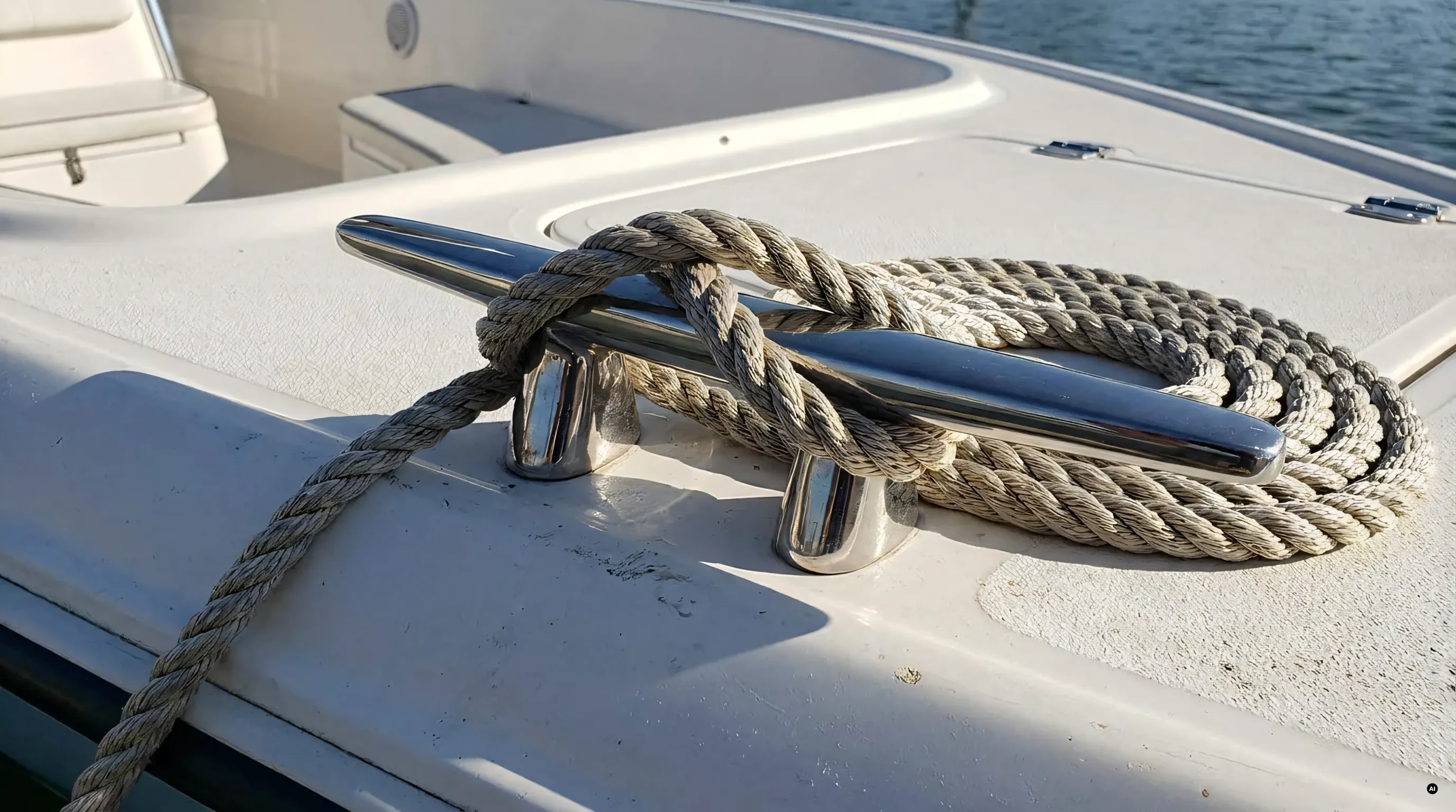 Bitta in acciaio inox lucido fissata sul ponte di una barca con una cima d'ormeggio