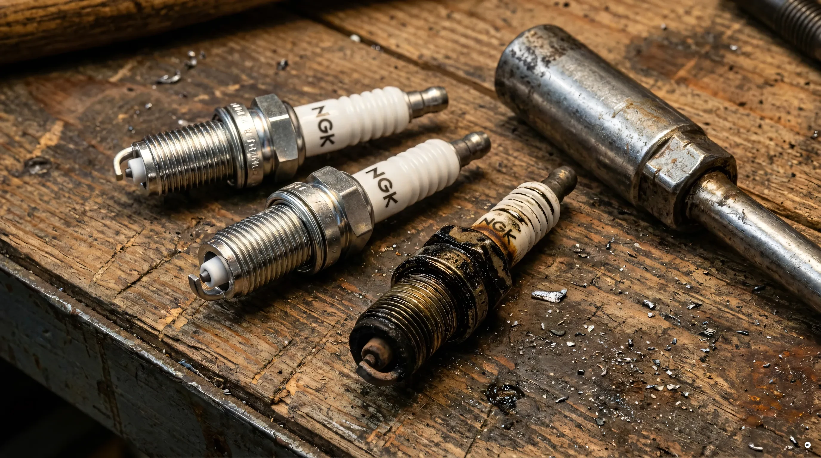 Candele NGK nuove per fuoribordo accanto a una candela usata sporca, su un banco di lavoro