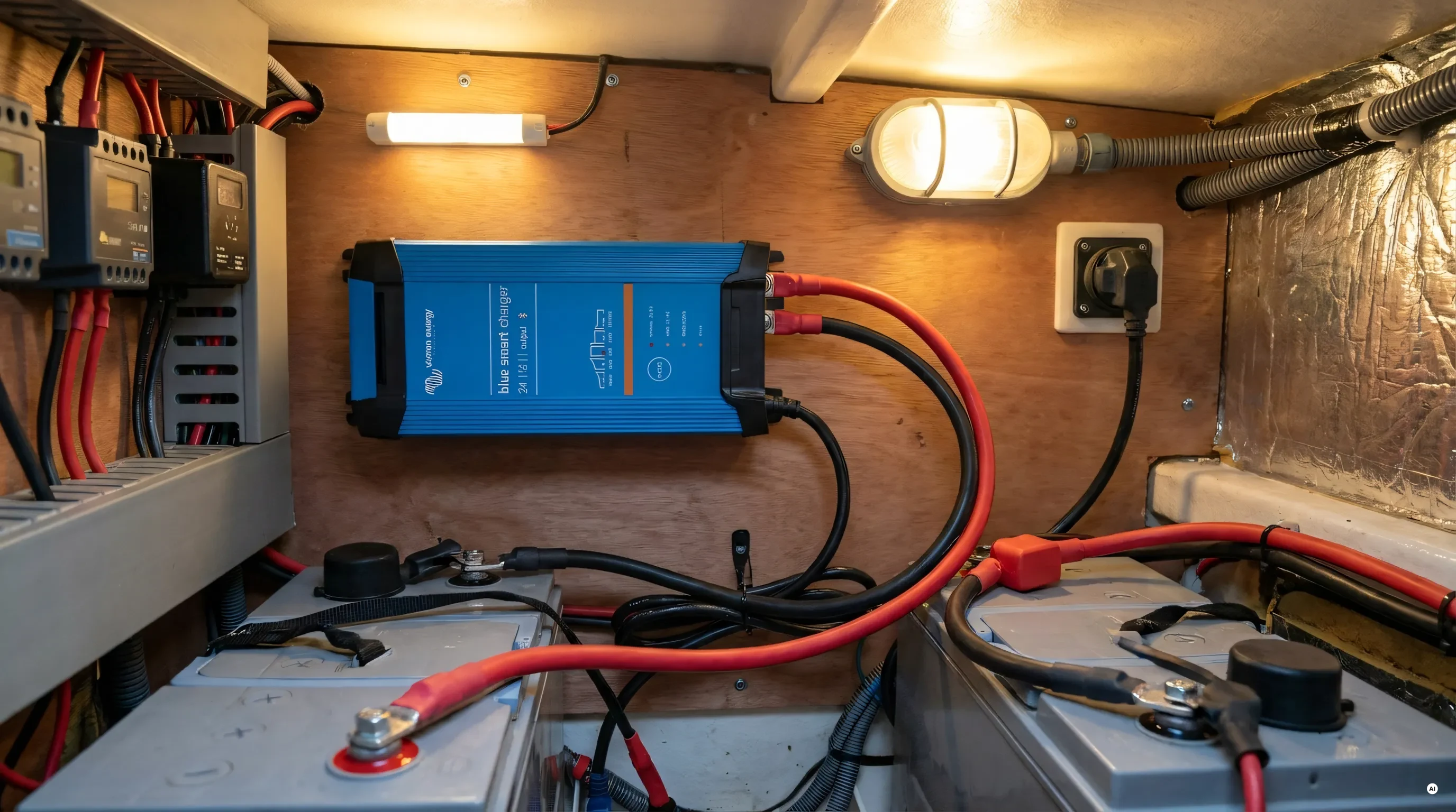 Caricabatterie Victron BlueSmart IP22 collegato alle batterie di servizio nel gavone di una barca