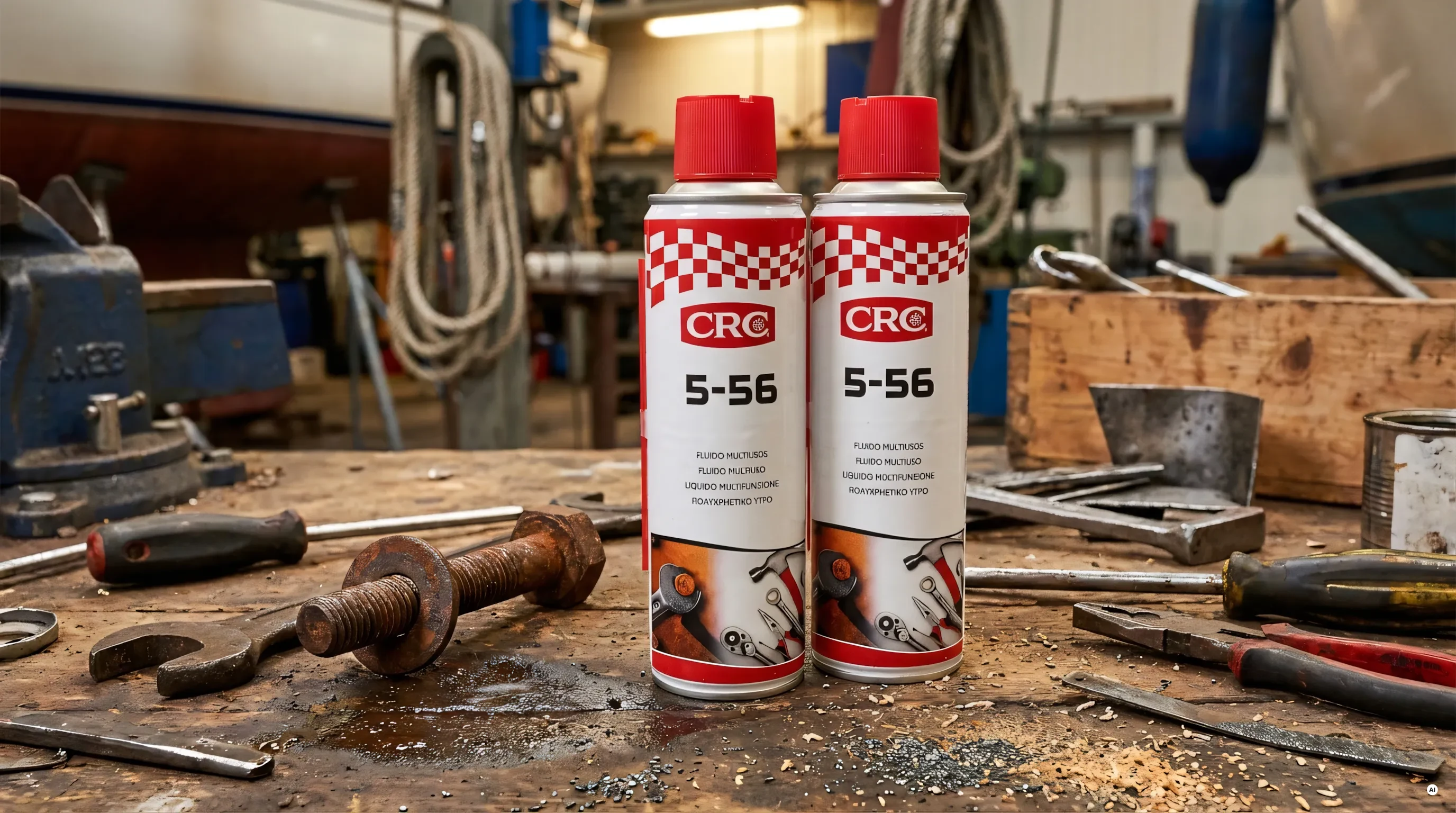 Bomboletta di CRC 5-56 spray multifunzione su un banco di lavoro con attrezzi nautici