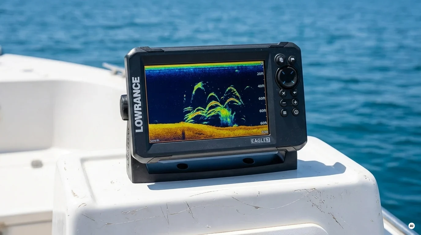 Ecoscandaglio da pesca acceso in plancia con la traccia del fondale e degli echi dei pesci sullo schermo
