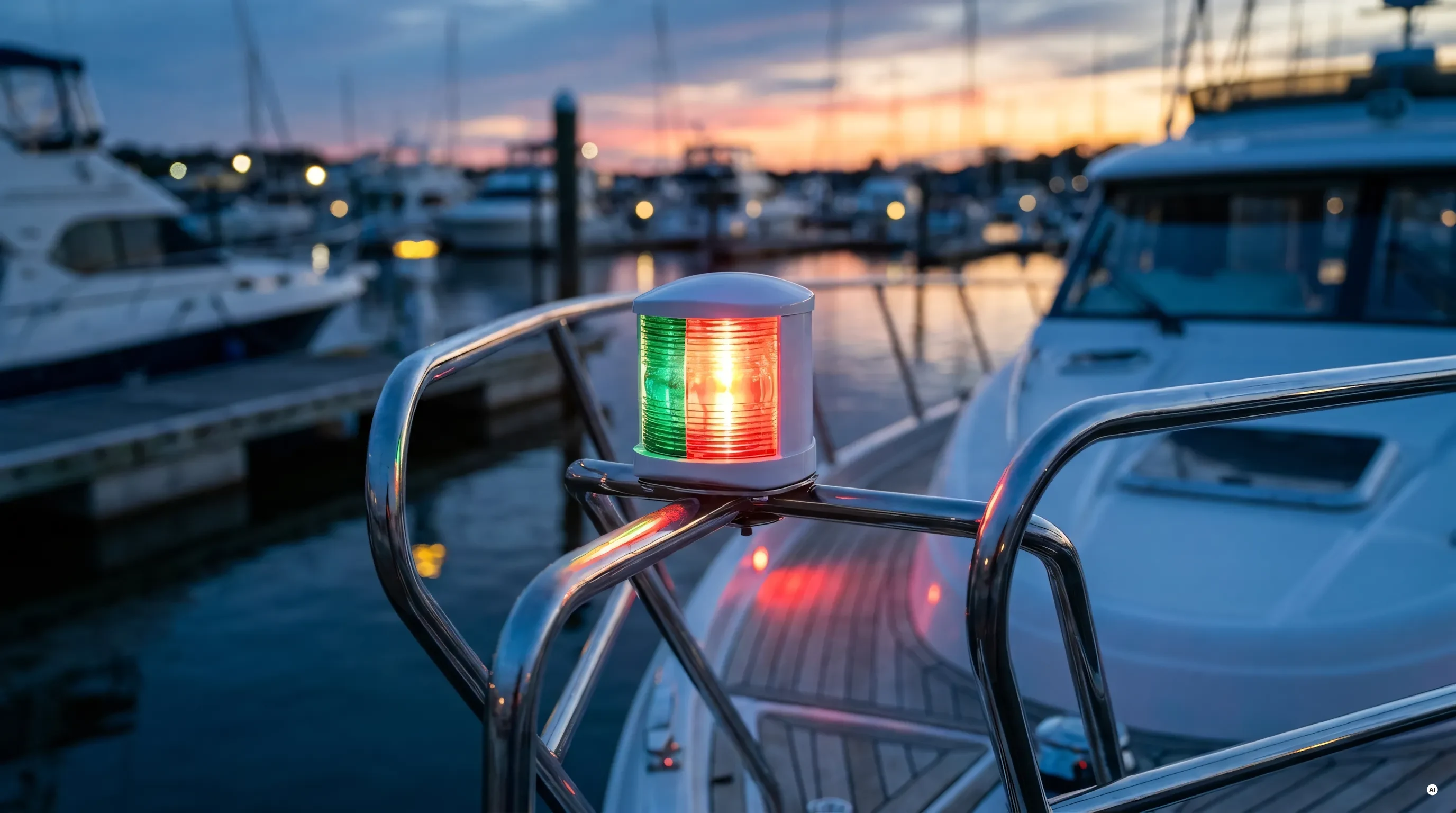 Fanale di via a LED omologato R.I.Na. montato sulla battagliola di una barca al tramonto