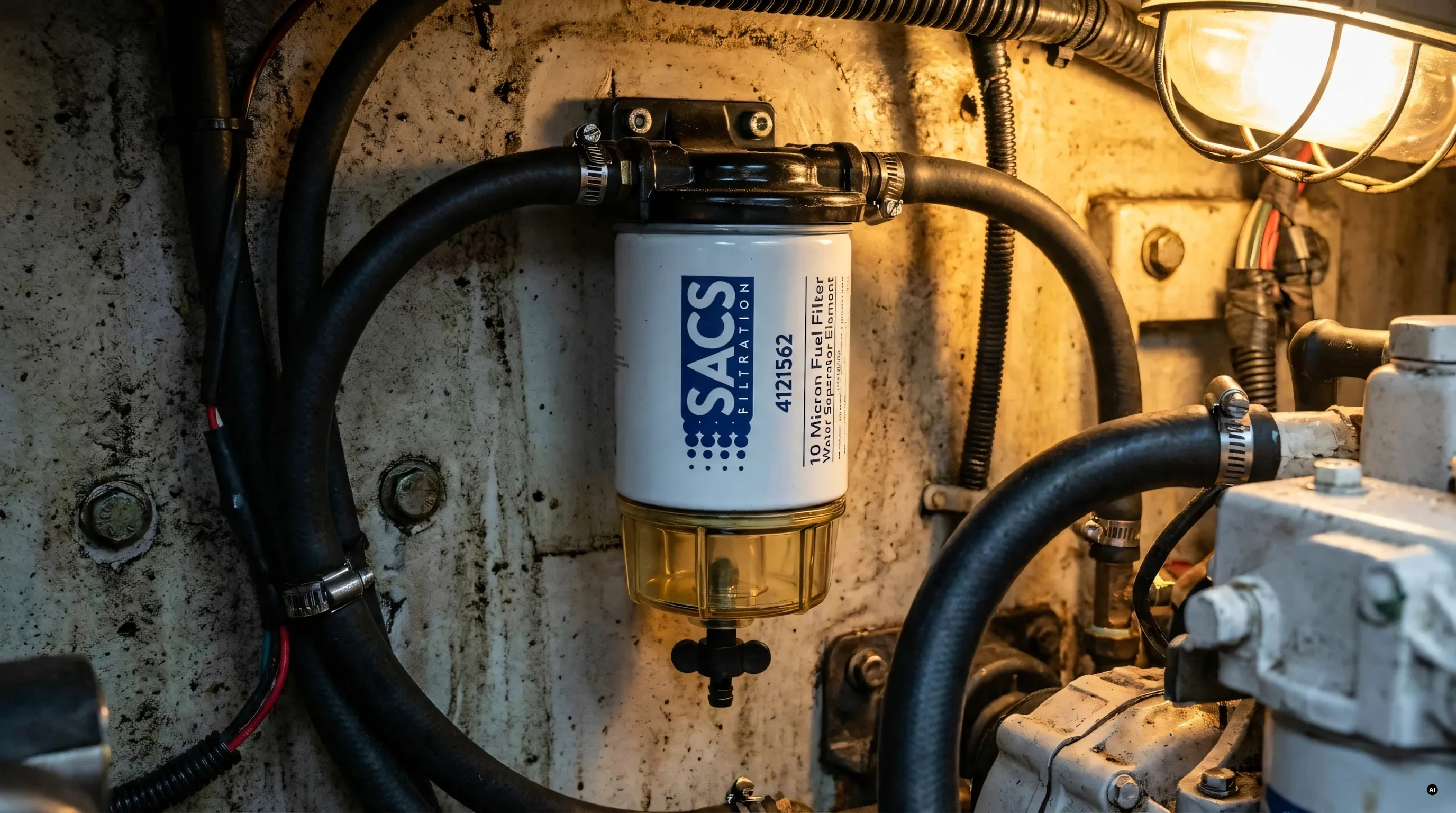 Filtro separatore benzina-acqua con vaschetta trasparente montato nel vano motore
