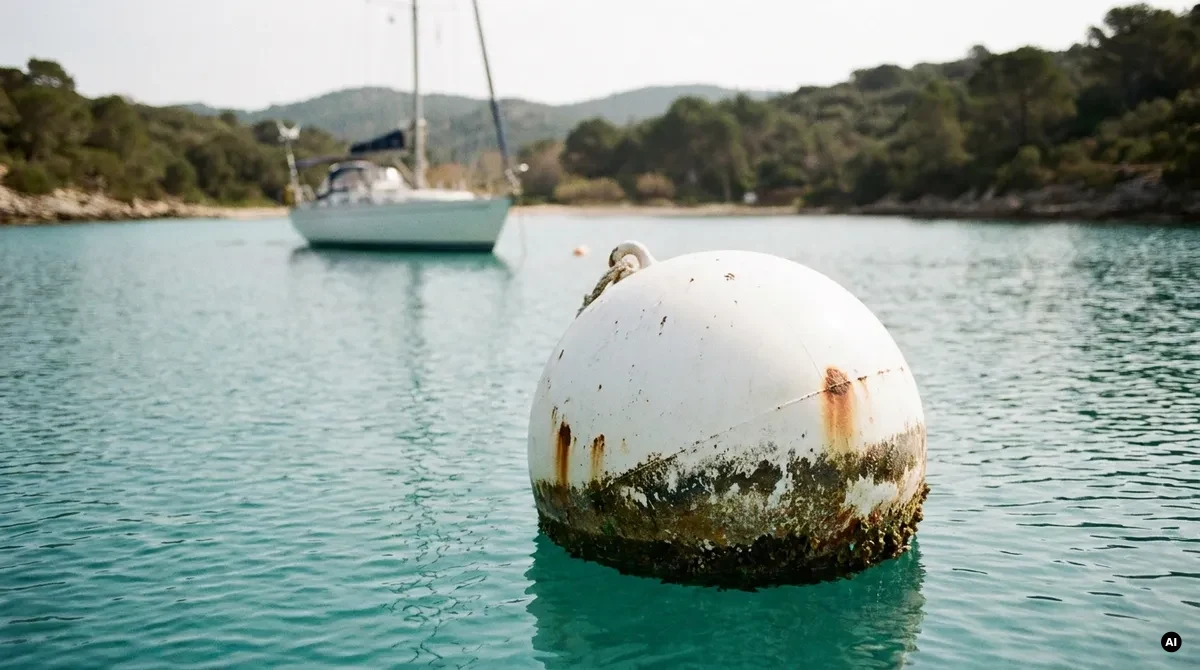 Boa biconica bianca di ormeggio galleggiante in una baia con barca a vela sullo sfondo