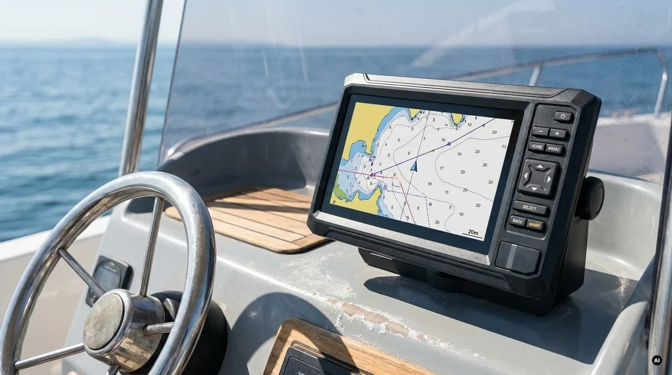 GPS chartplotter acceso sulla plancia di una barca con carta nautica a display