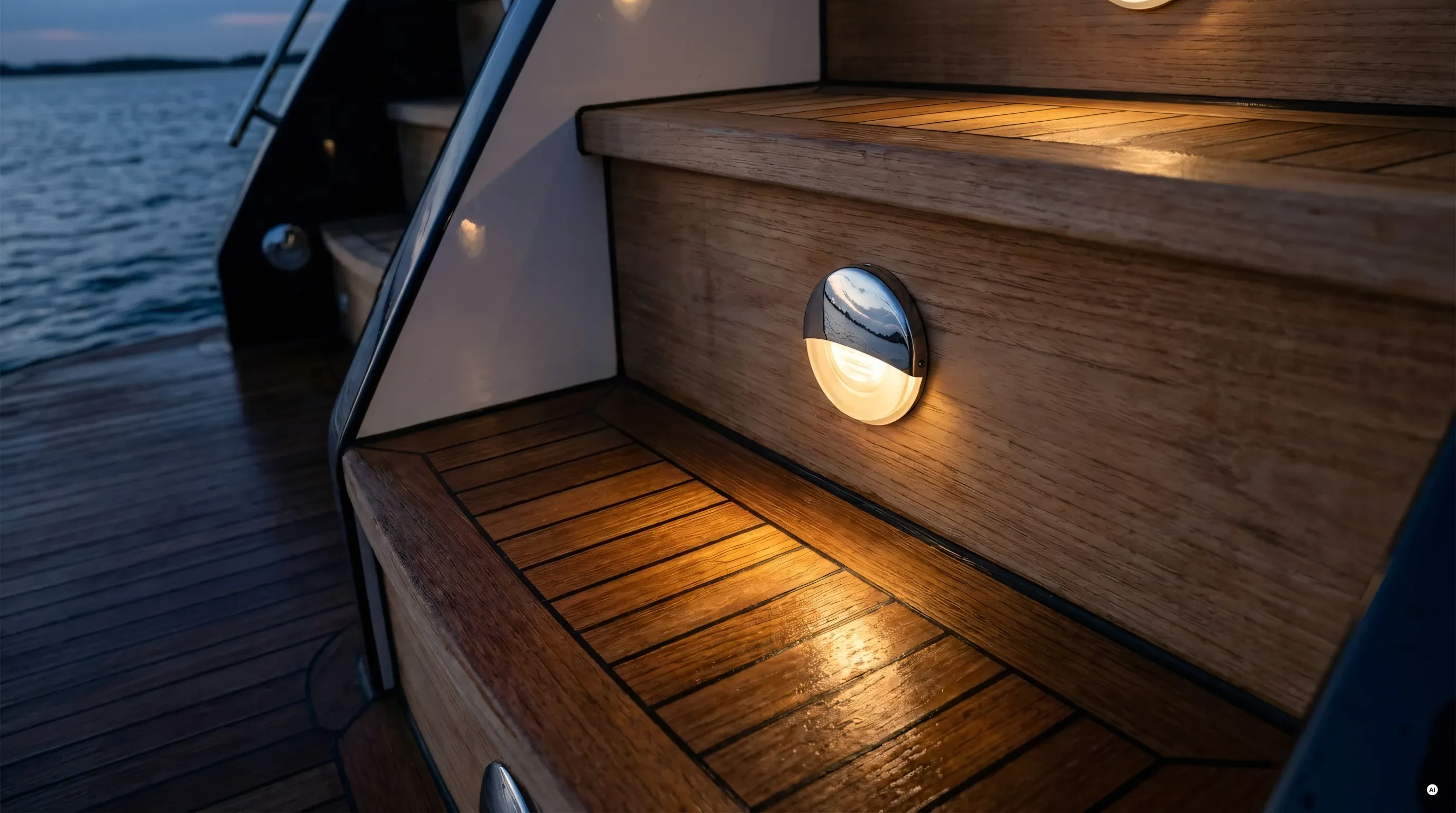 Luce segnapasso a LED in acciaio inox incassata che illumina un gradino di notte