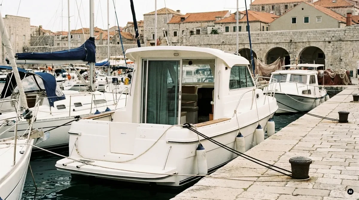 Barca a motore ormeggiata di poppa in banchina con cime e parabordi