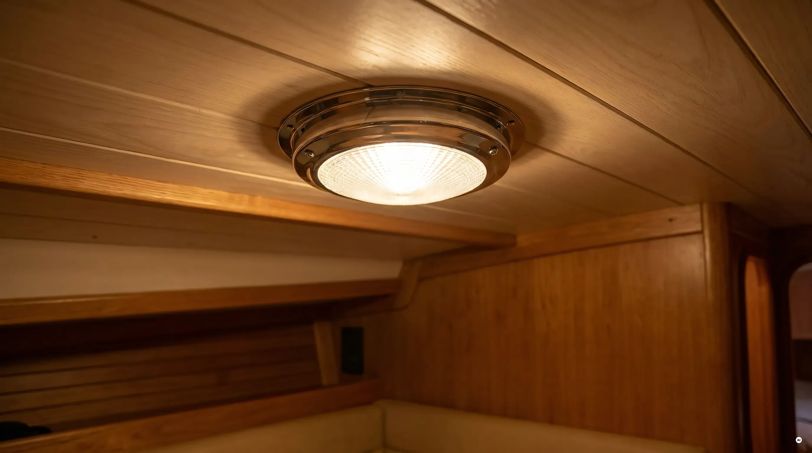 Plafoniera LED Classic-Inox accesa nella dinette di una barca