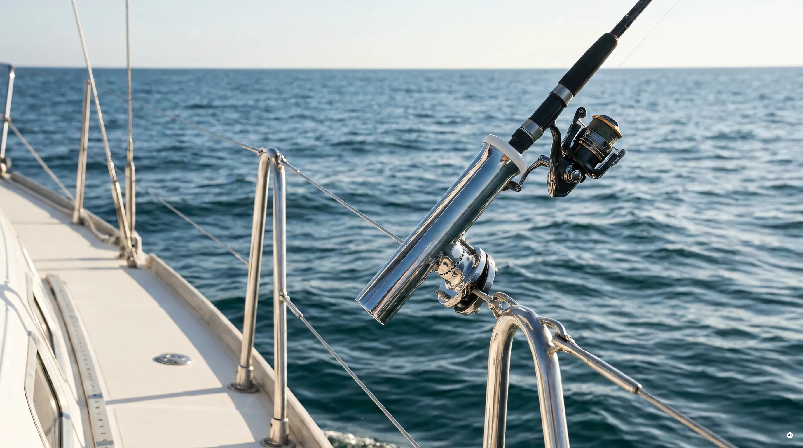 Portacanne orientabile in acciaio inox fissato con morsetto alla draglia di una barca con una canna inserita