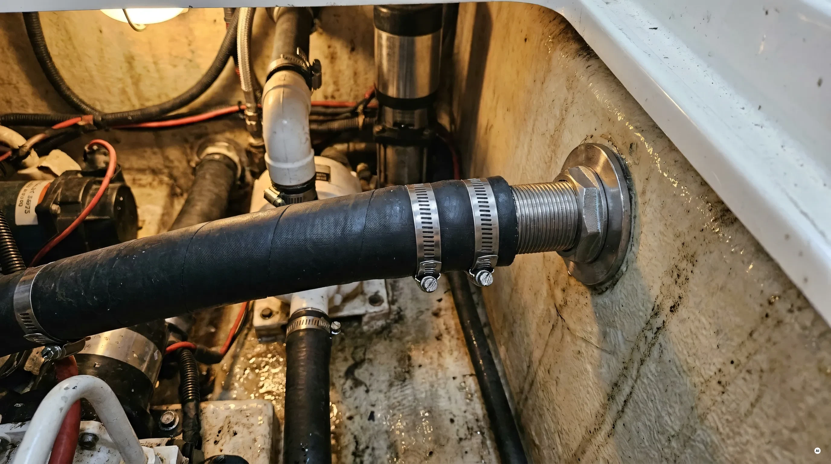 Presa a mare in acciaio inox installata su uno scafo, vista dall'interno