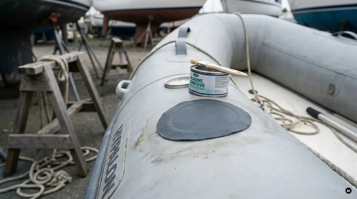 Riparazione di un tubolare di gommone con toppa e colla bicomponente