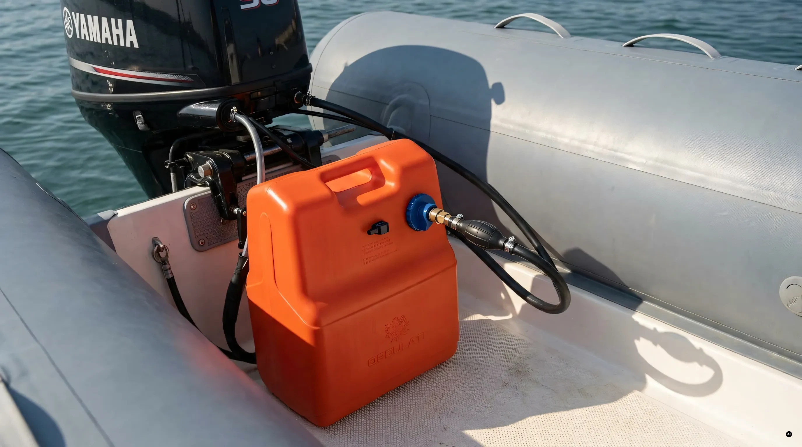 Serbatoio portatile carburante in plastica con pescante e tappo a sfiato accanto a un fuoribordo