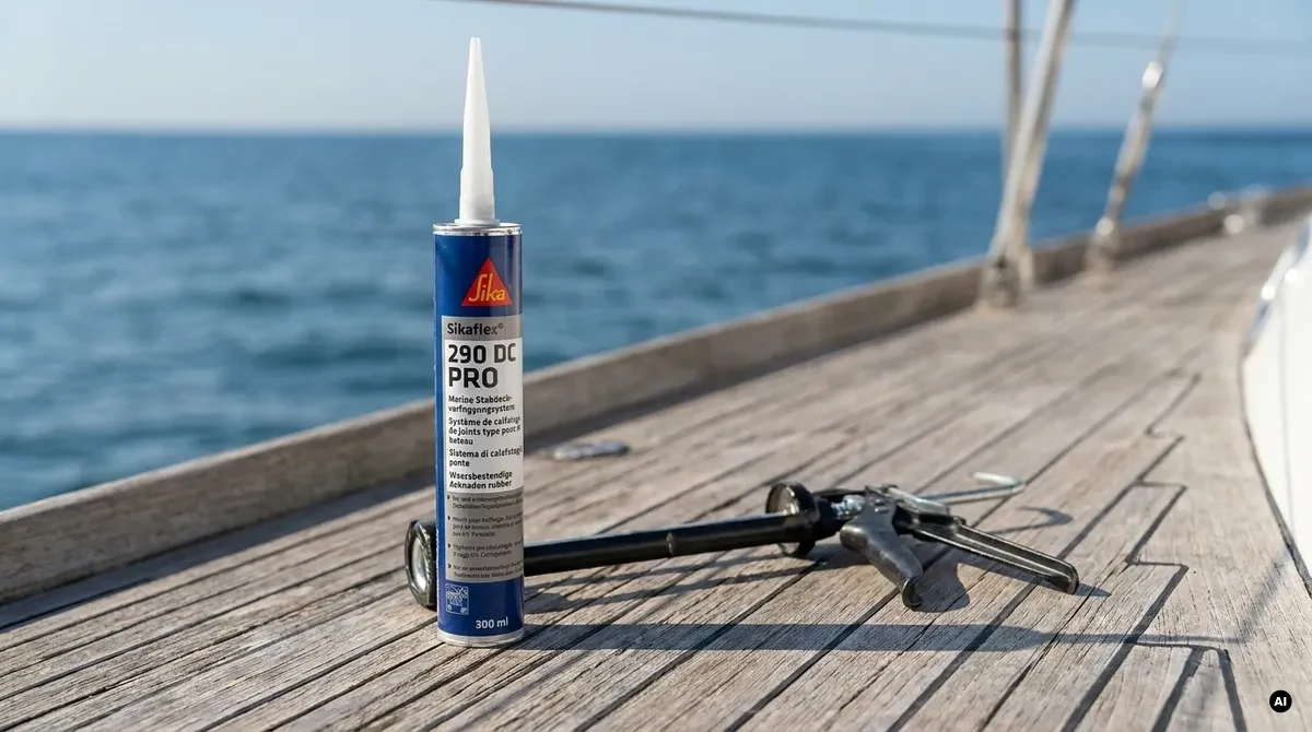 Applicazione di un cordone di sigillante Sikaflex con la pistola lungo una giunzione di coperta in barca