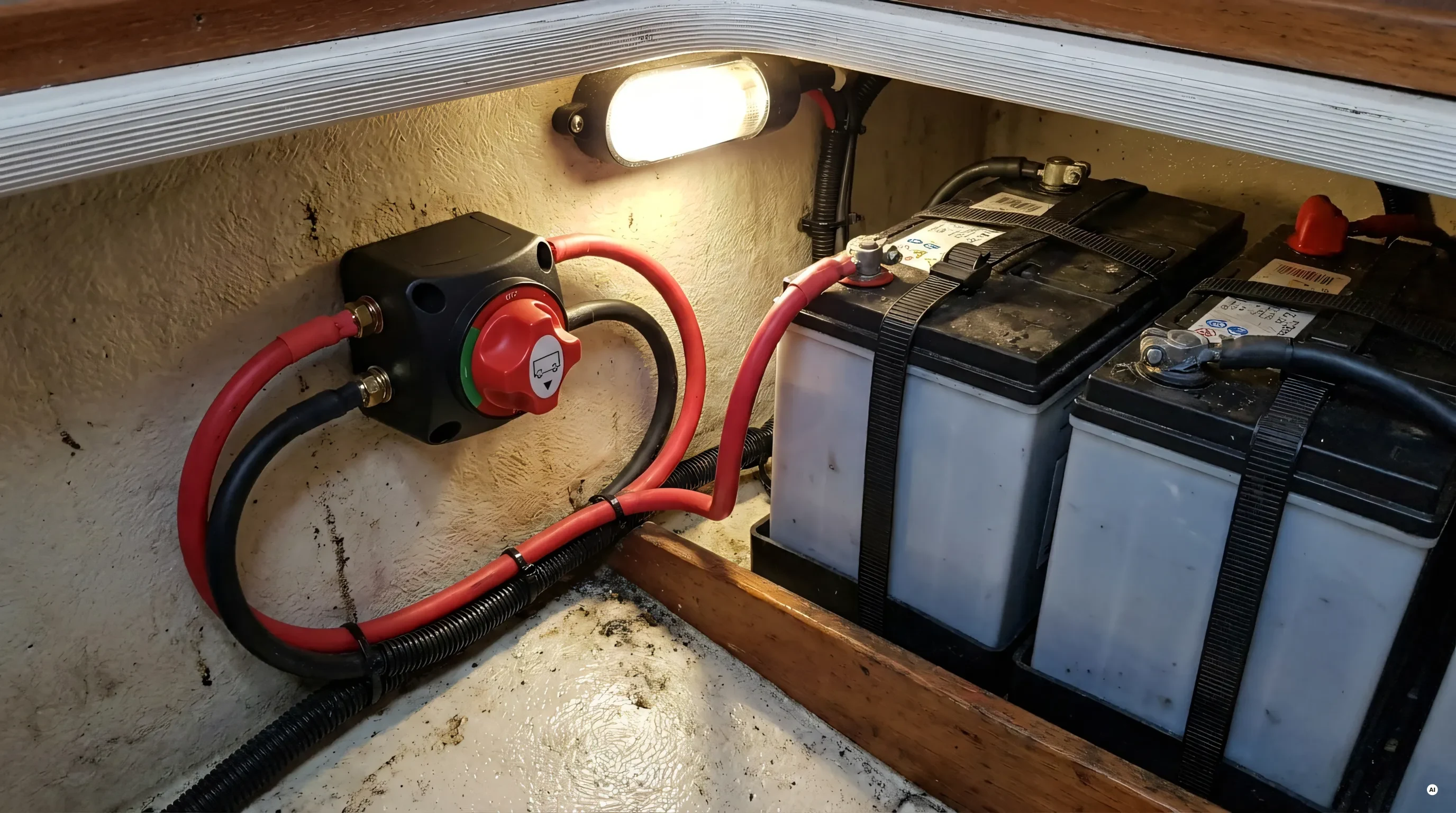 Staccabatterie da appoggio con chiave estraibile collegato alle batterie di una barca