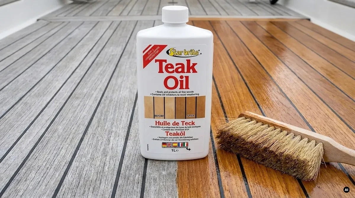 Coperta in teak di una barca, in parte ingrigita e in parte trattata color miele