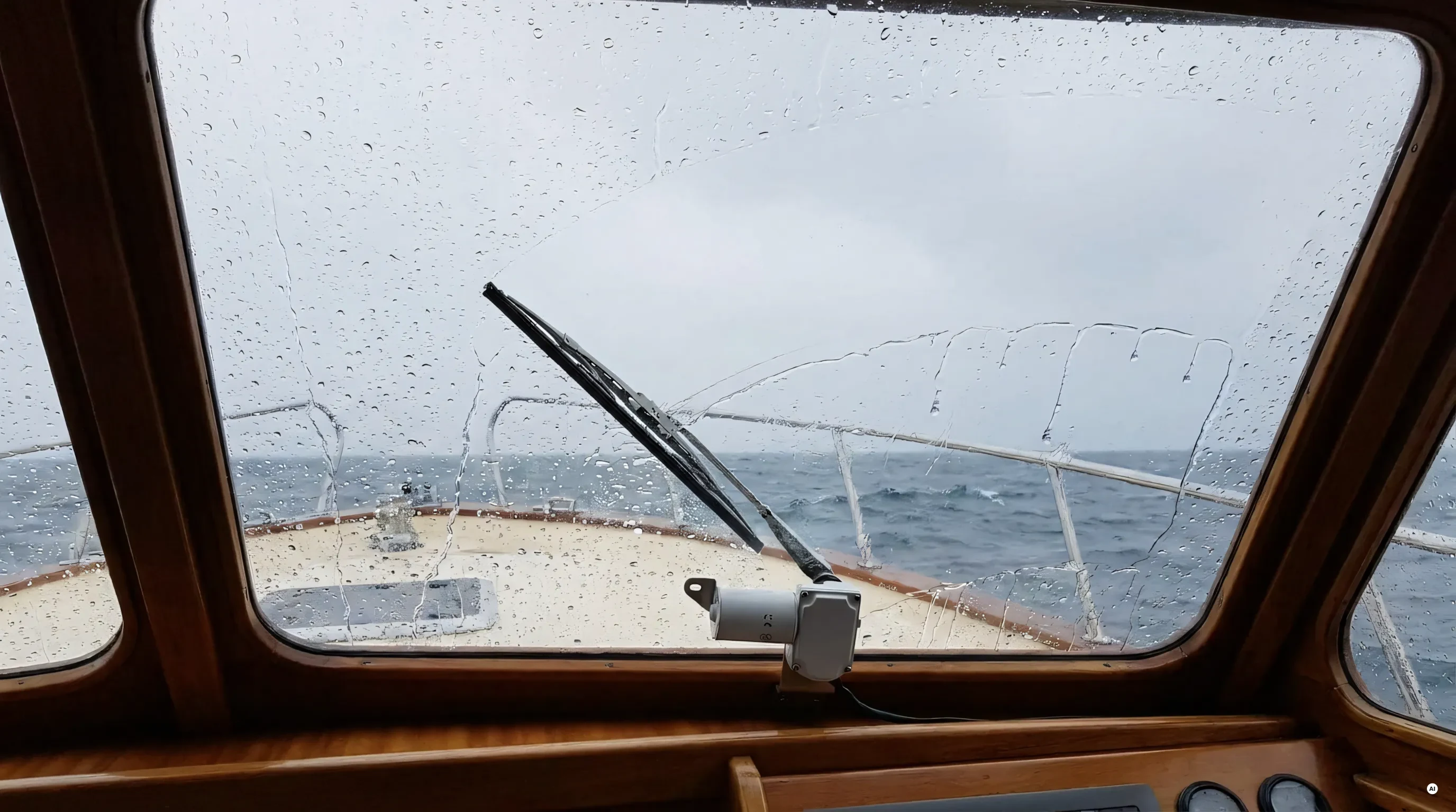Tergicristallo nautico montato sul parabrezza di un gozzo che pulisce il vetro dalla pioggia
