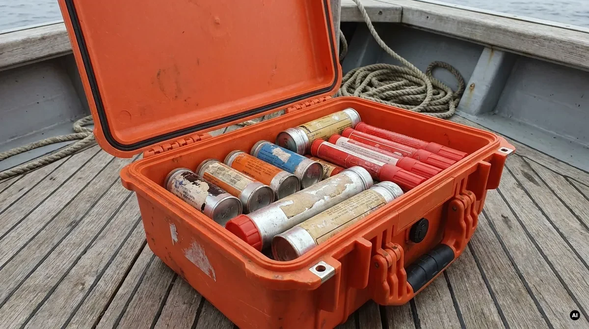 Valigetta stagna arancione aperta con razzi a paracadute, fuochi a mano e segnale fumogeno per la segnalazione di soccorso in mare