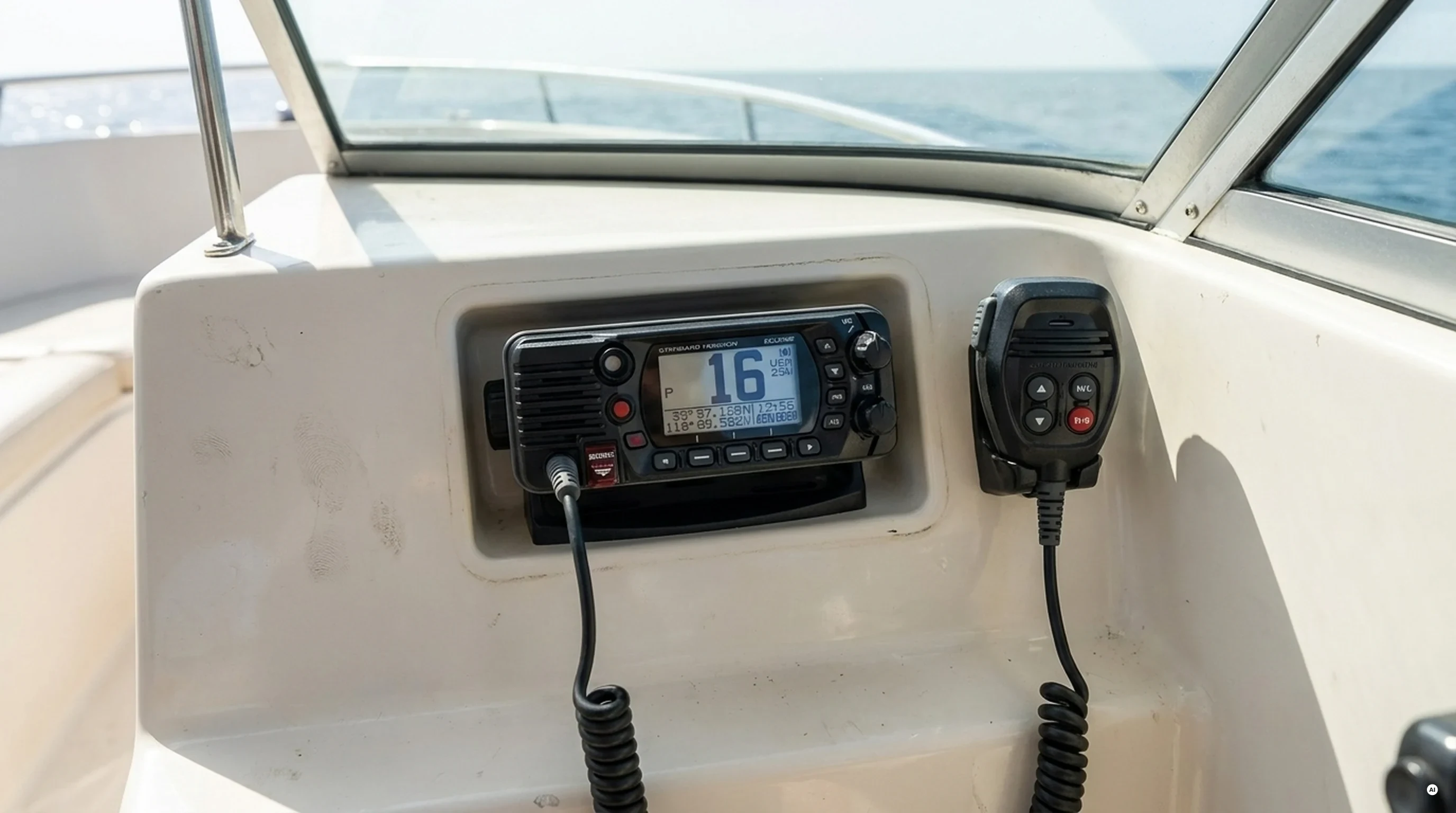 Radio VHF fissa montata sulla plancia di una barca con antenna e microfono